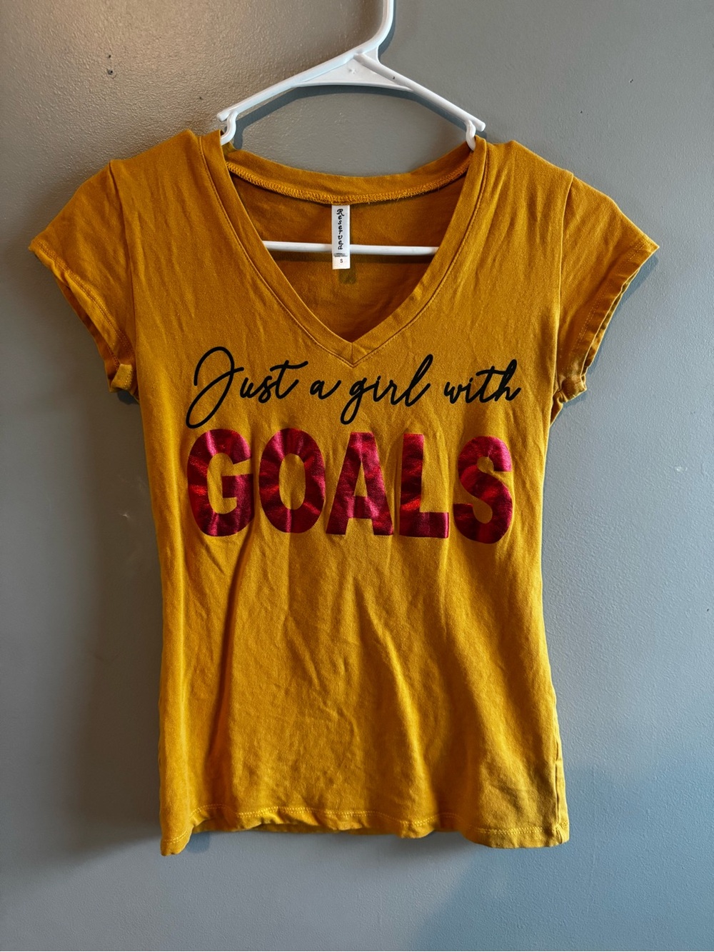 Just a Girl With Goals Mustard Yellow V-Neck Graphic Tee